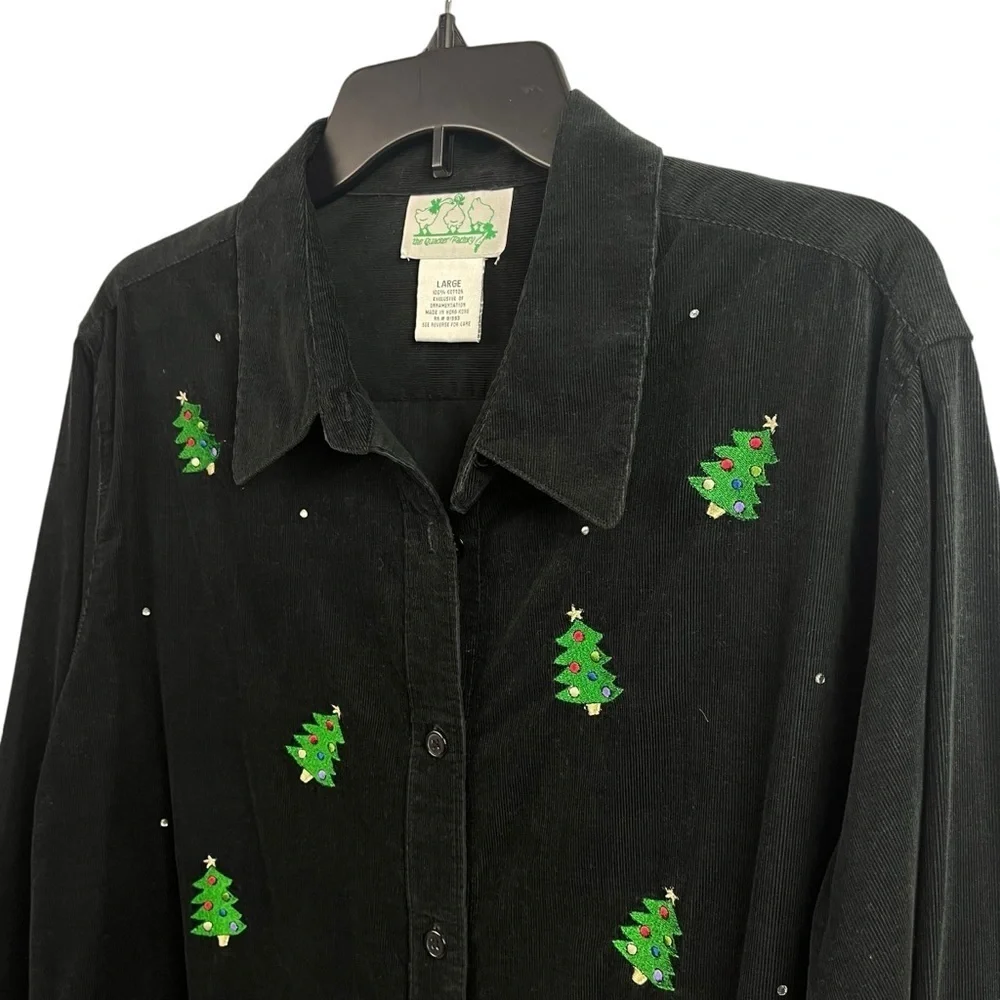 The Quaker Factory Corduroy Shirt Embroidered Christmas Trees Black Large - Picture 4 of 9